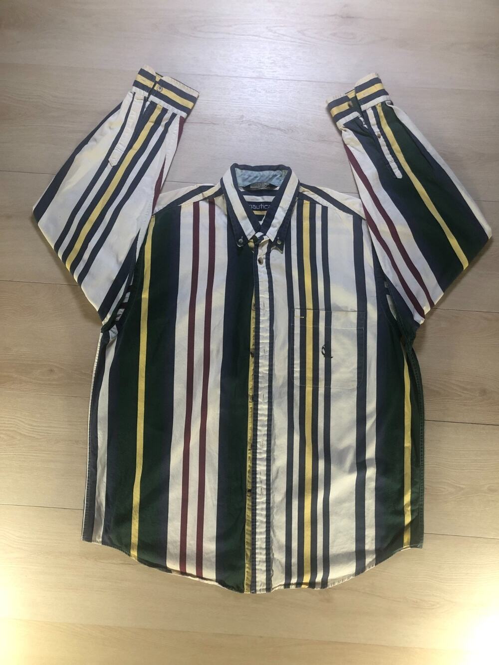 Vintage Nautica Striped Shirt Mens L Multi Color Block Button Down 90s [0011]